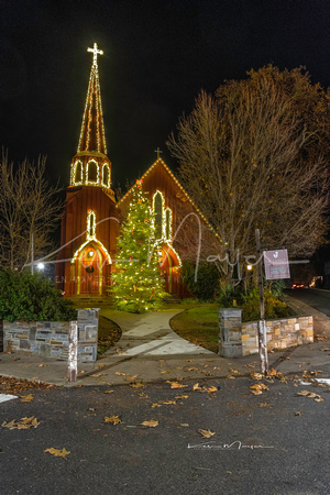 Red Church in Christmas Lights Front View