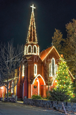 Red Church in Christmas Lights Side View